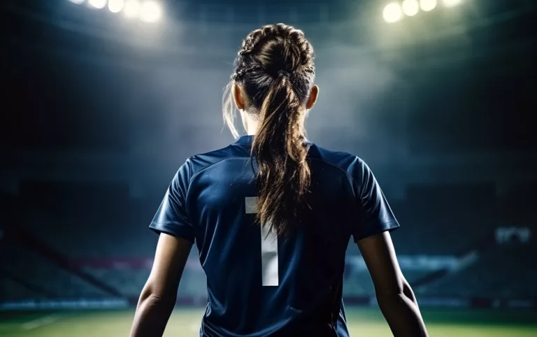 Imagem gerada por inteligência artificial de jogadora de futebol feminino virada de costas