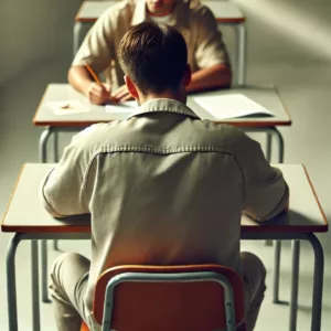 Setenciado sentando de costas em uma mesa de sala de aula estudando